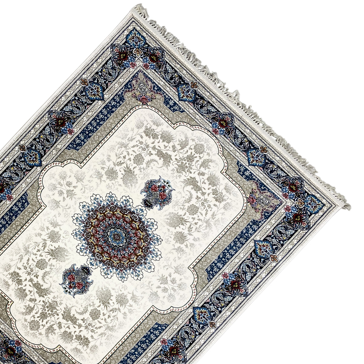 Tapis oriental 170x240 cm blanc crème avec bordure à motifs bleus et franges