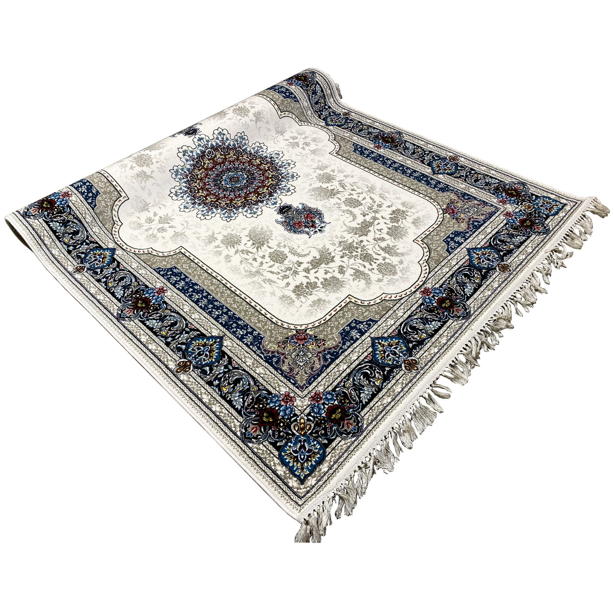 Tapis couleur crème 170x240 cm, orné de motifs bleus, franges sur le bord
