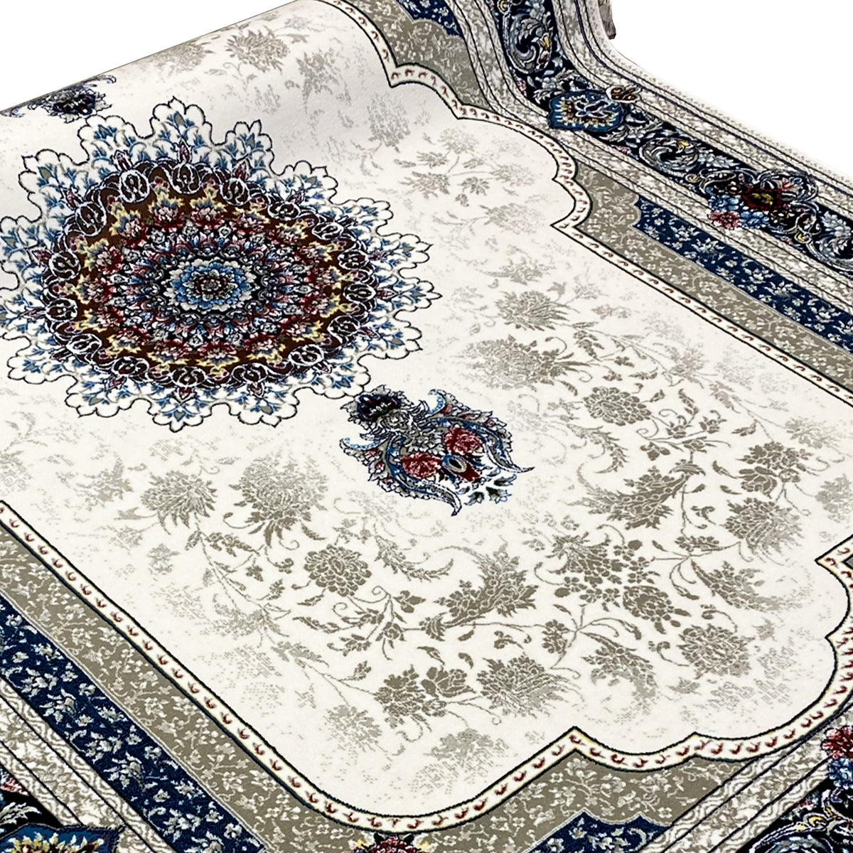 Tapis couleur crème 170x240 cm avec grand médaillon et motif floral bleu