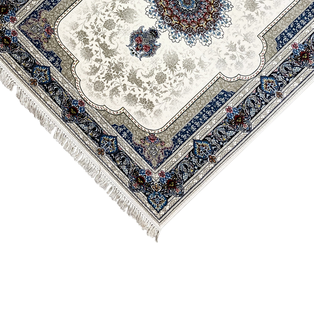 Coin d’un tapis oriental de 170x240 cm : velours couleur crème avec bordure bleue
