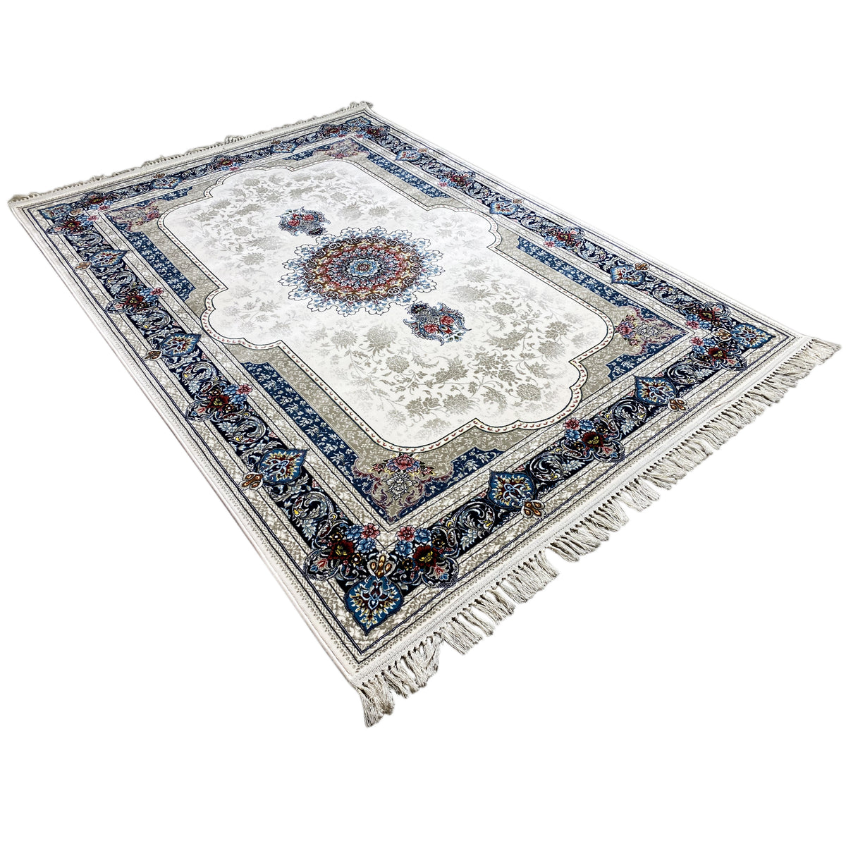Tapis oriental 170x240 cm crème avec bordure ornementale bleue et franges