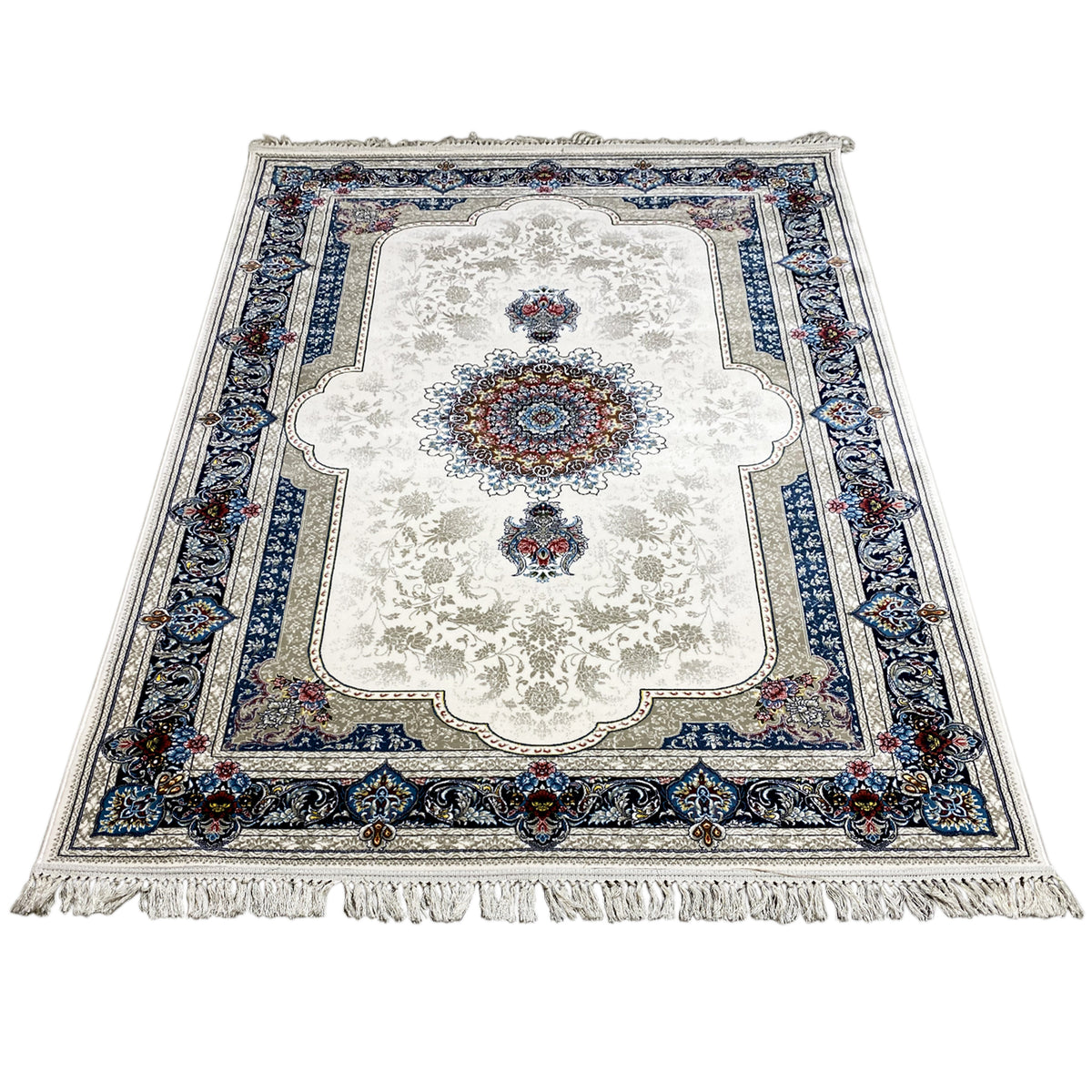 Tapis d’Orient 170x240 cm blanc crème avec bordure ornementale bleue et touches colorées
