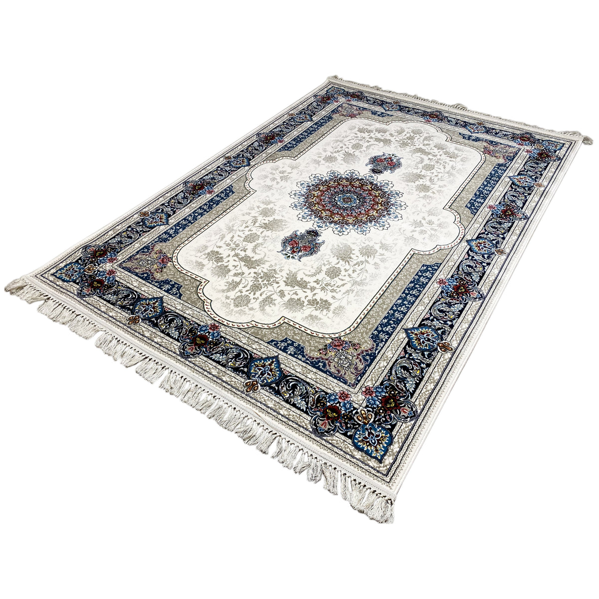 Tapis oriental 170x240 cm crème avec bordure à rayures bleues et franges