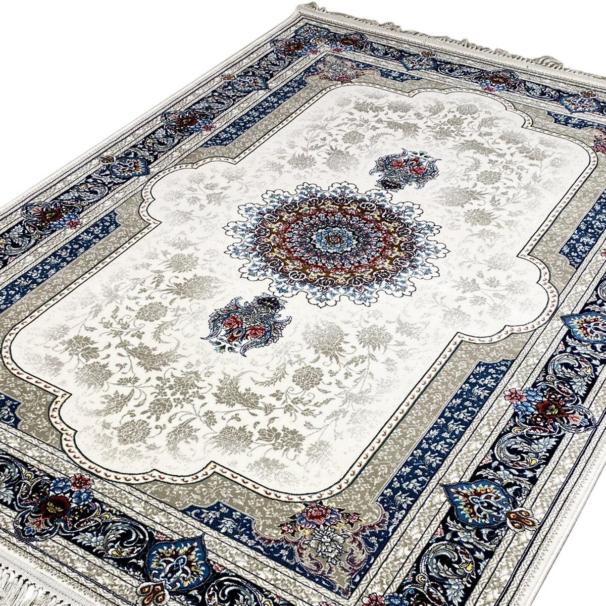Tapis oriental 170x240 cm crème avec médaillon central et motif de bordure bleu