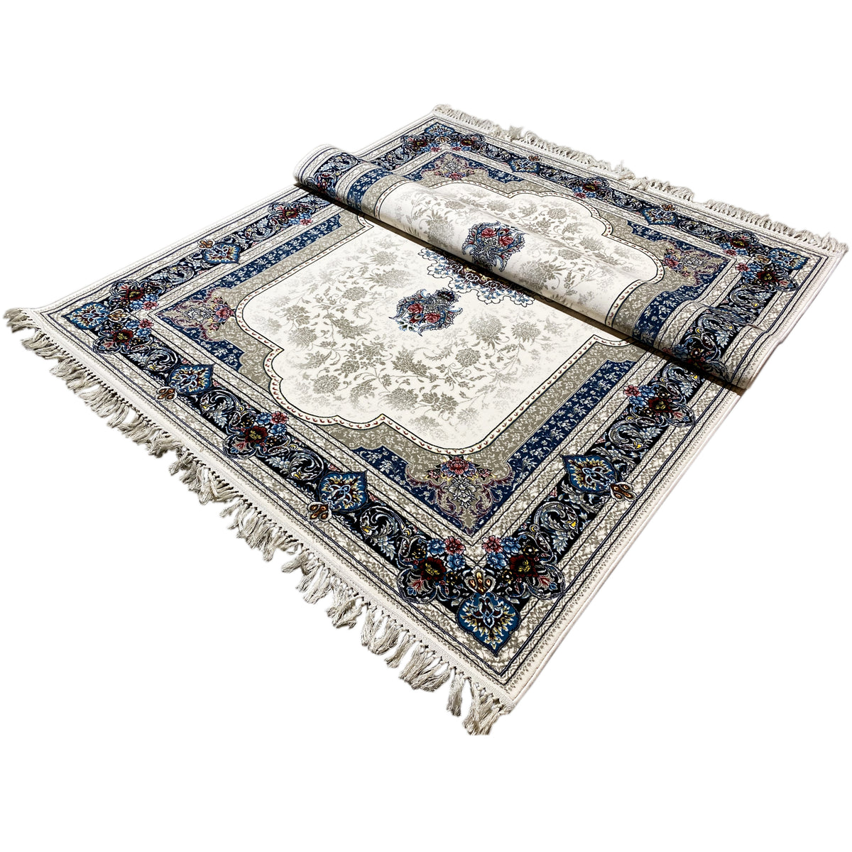 Tapis oriental 170x240 cm crème avec motif de bordure bleu et motifs multicolores