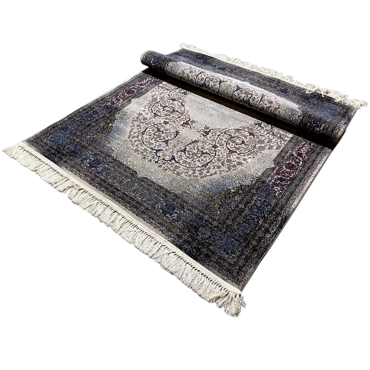 Tapis Sofia 160x230 cm, à plat ; motif ornemental, centre gris clair, franges