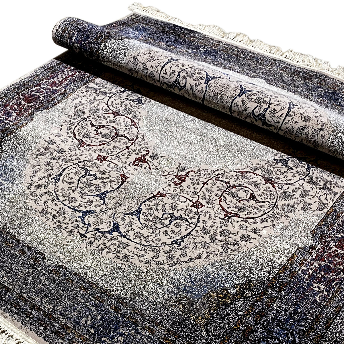 Tapis Sofia 160x230 cm, gros plan de la bordure ; cadre sombre, champ orné gris