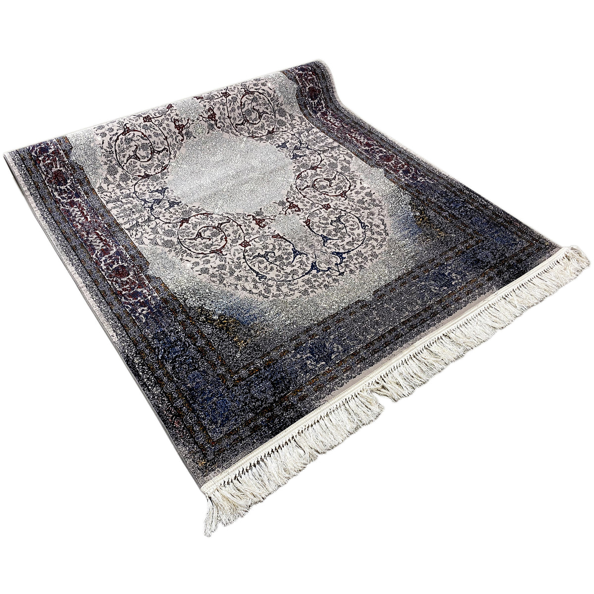 Tapis Sofia 160x230 cm, vue de côté ; médaillon clair, fond bleu foncé, franges