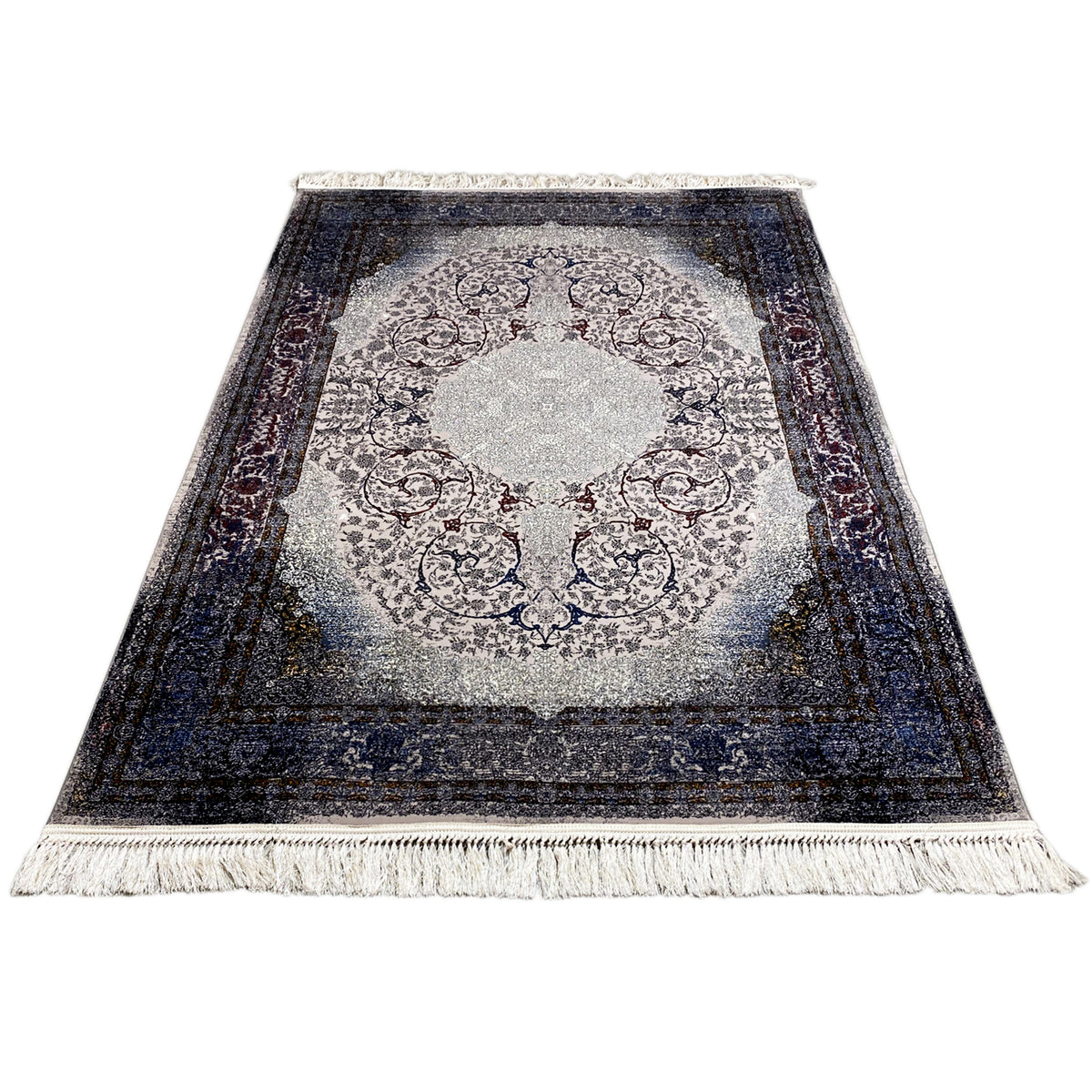 Tapis Sofia 160x230 cm, vue de dessus ; médaillon rond, bordure bleu foncé, franges