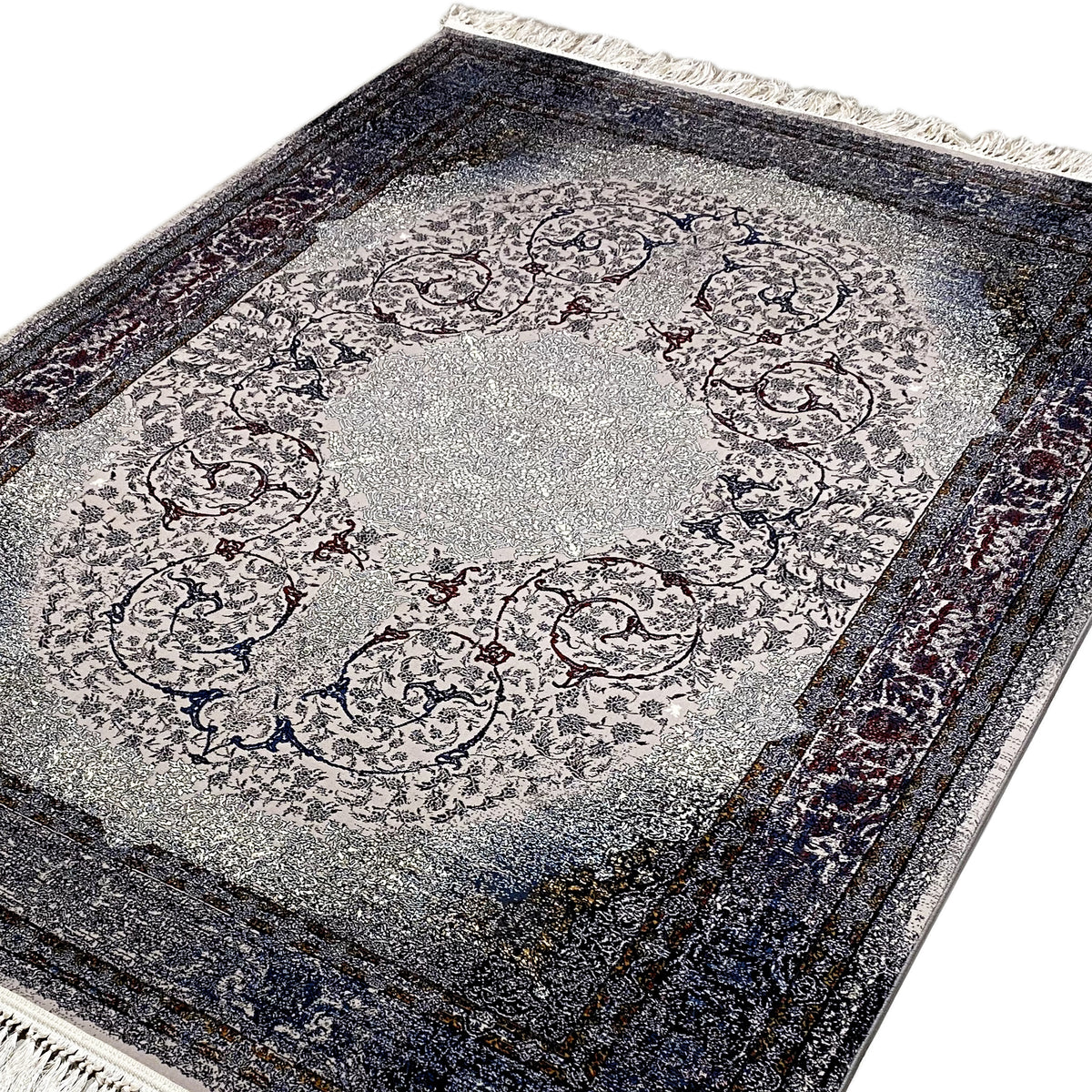 Tapis Sofia 160x230 cm, vue détaillée du centre ; ornements en médaillon gris et bleu