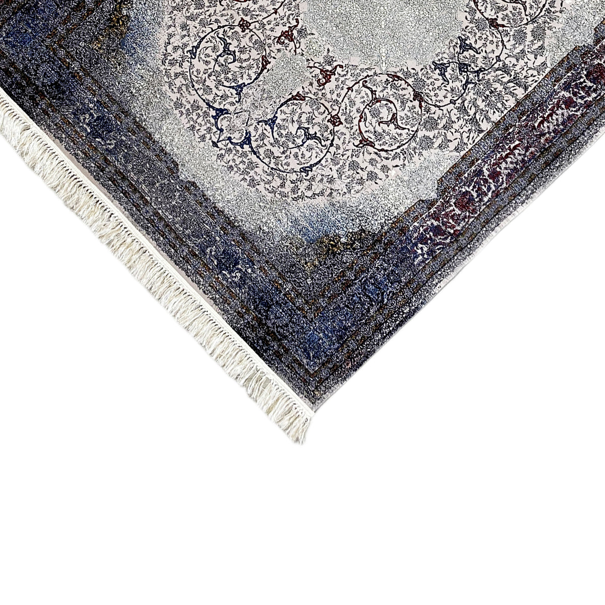 Tapis Sofia 160x230 cm, détail en bas : franges, bord sombre avec bandes ornementales
