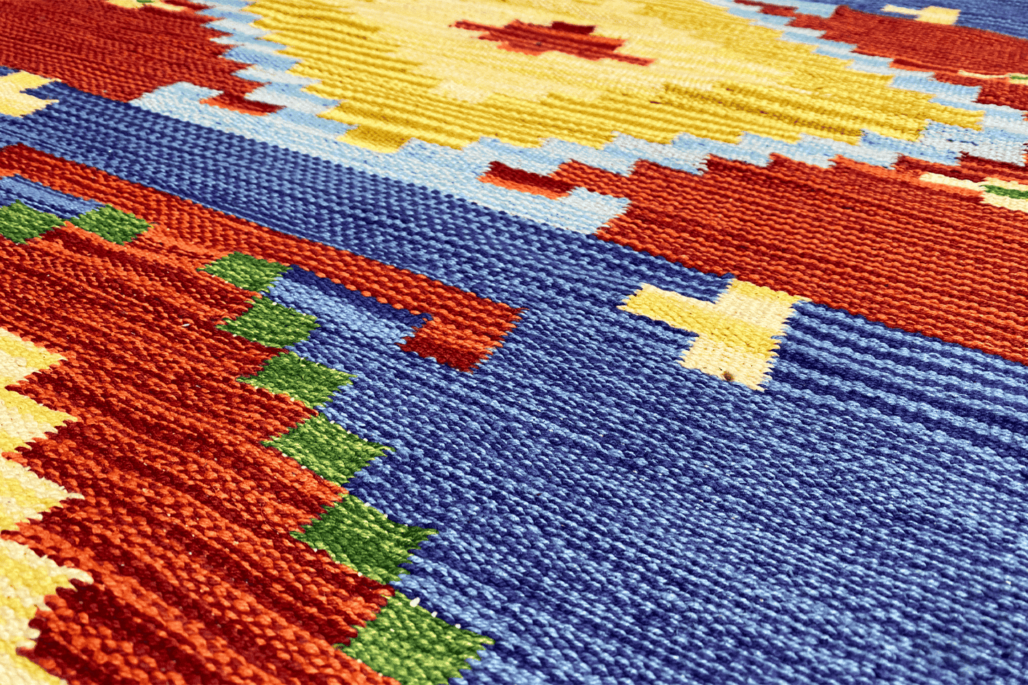 Indischer Handgewebter Kelim Dhurrie Teppich, 200x80cm (6.5x2.6ft), Buntes Geometrisches Muster - German Carpet Shop