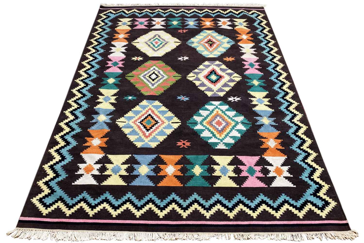 Handgewebter Wollen Kelim Dhurrie Teppich - 240x170cm (8x6ft) - Intrikates Tribal-Muster - German Carpet Shop