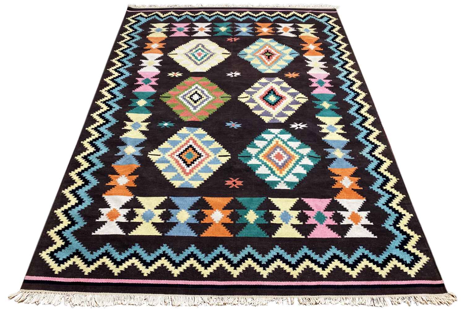 Handgewebter Wollen Kelim Dhurrie Teppich - 240x170cm (8x6ft) - Intrikates Tribal-Muster - German Carpet Shop