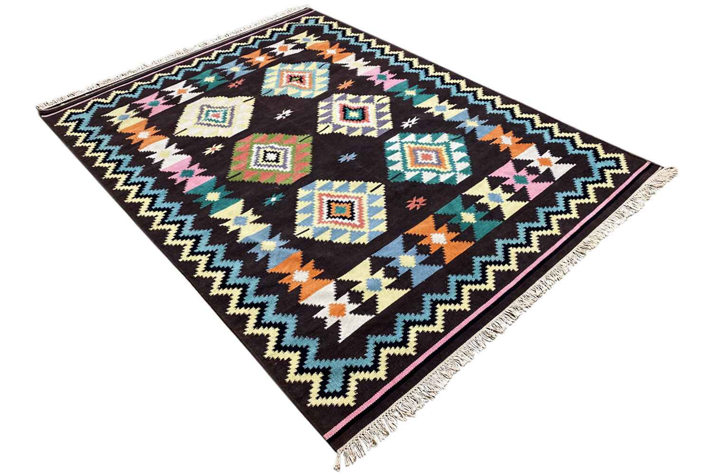 Handgewebter Wollen Kelim Dhurrie Teppich - 240x170cm (8x6ft) - Intrikates Tribal-Muster - German Carpet Shop