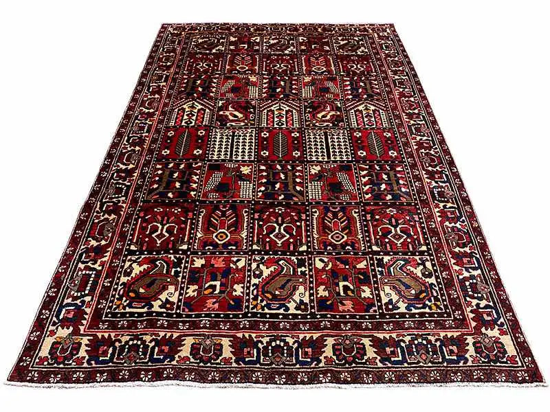 Tapis oriental Bakhtiari rectangulaire : champ de fond rouge avec des cadres nets et un décor de bordure
