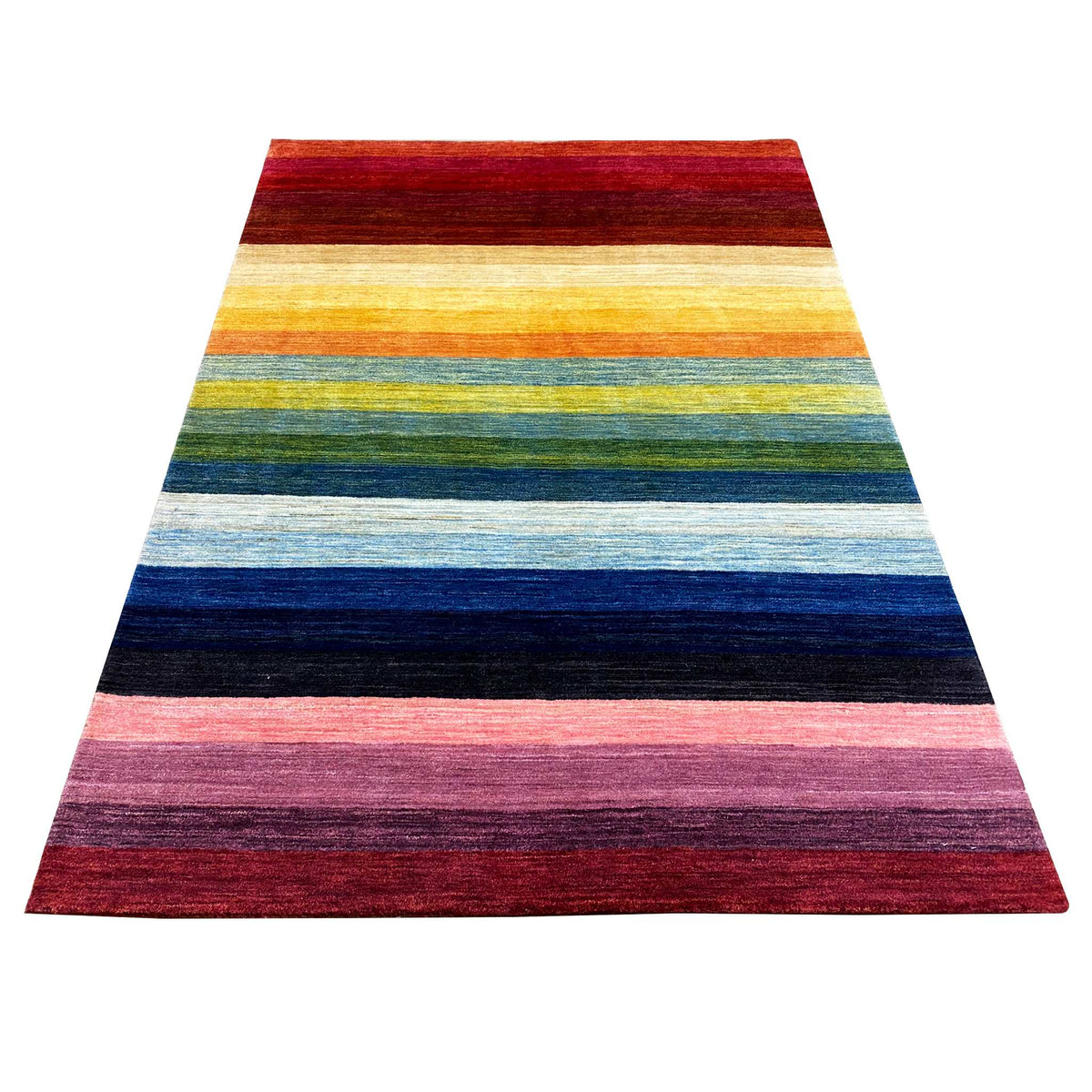 Tapis gabbeh à larges rayures dans des tons rouges, jaunes, verts, bleus et roses