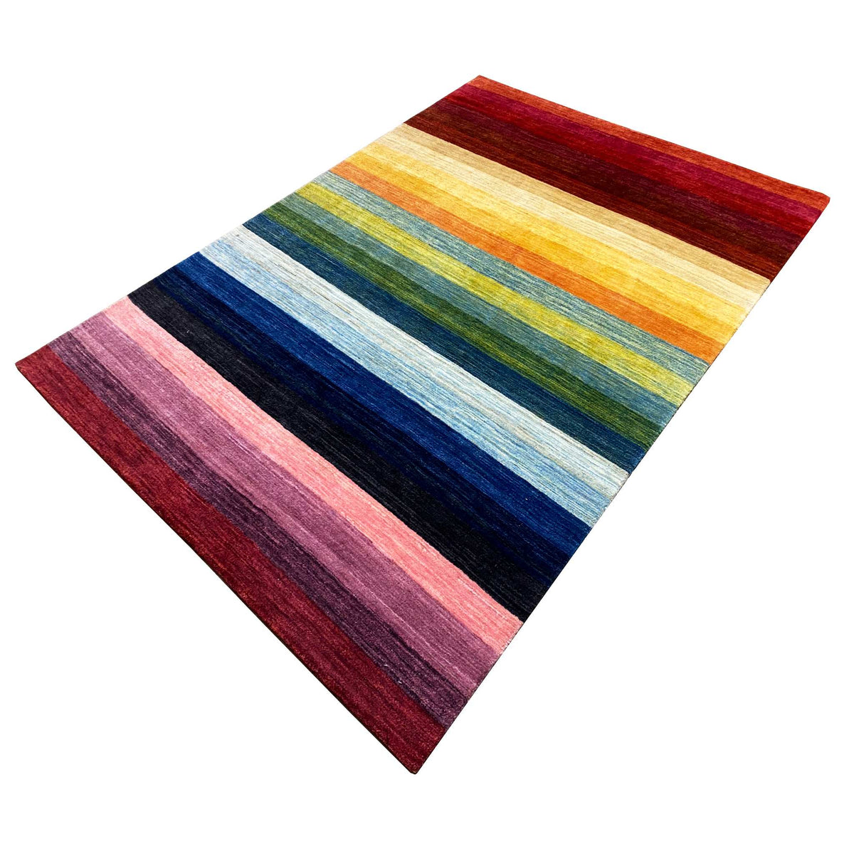 Tapis gabbeh à rayures orange-jaune, bleues, roses et rouge foncé