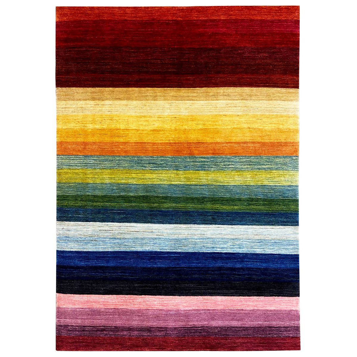 Tapis gabbeh à rayures horizontales rouges, jaunes, vertes, bleues et roses