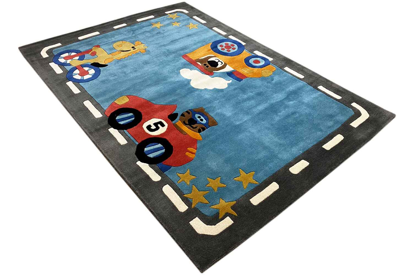 Handgetufteter Wollteppich mit farbenfrohem Auto- & Tiermotiv, 170x240cm (5.6X7.9ft) - German Carpet Shop