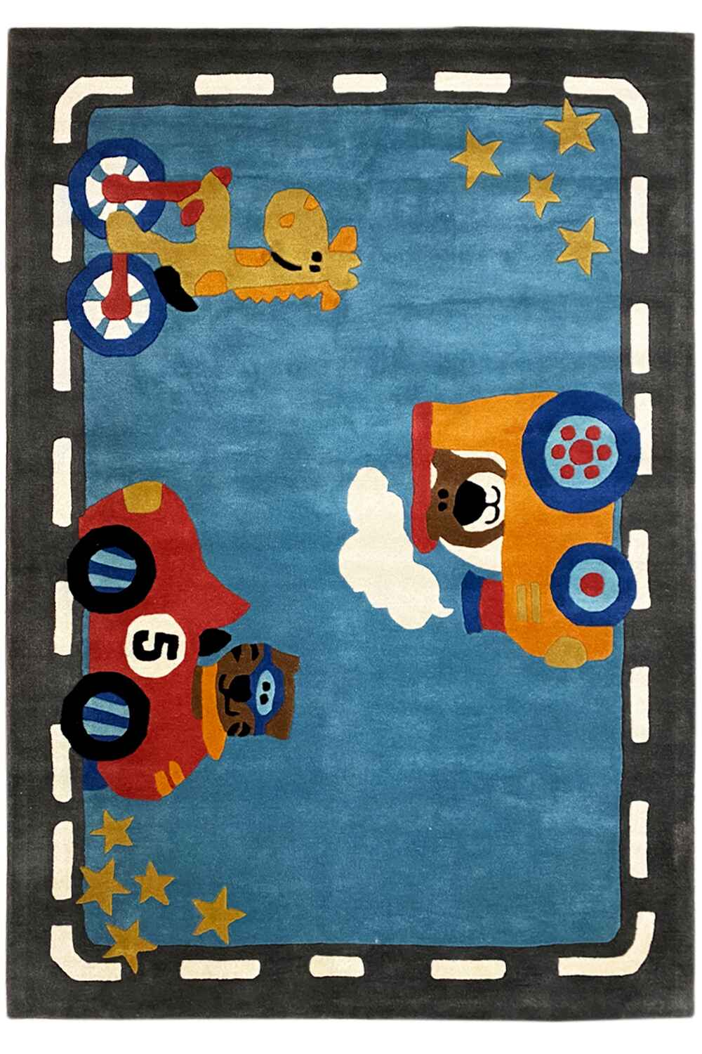 Handgetufteter Wollteppich mit farbenfrohem Auto- & Tiermotiv, 170x240cm (5.6X7.9ft) - German Carpet Shop