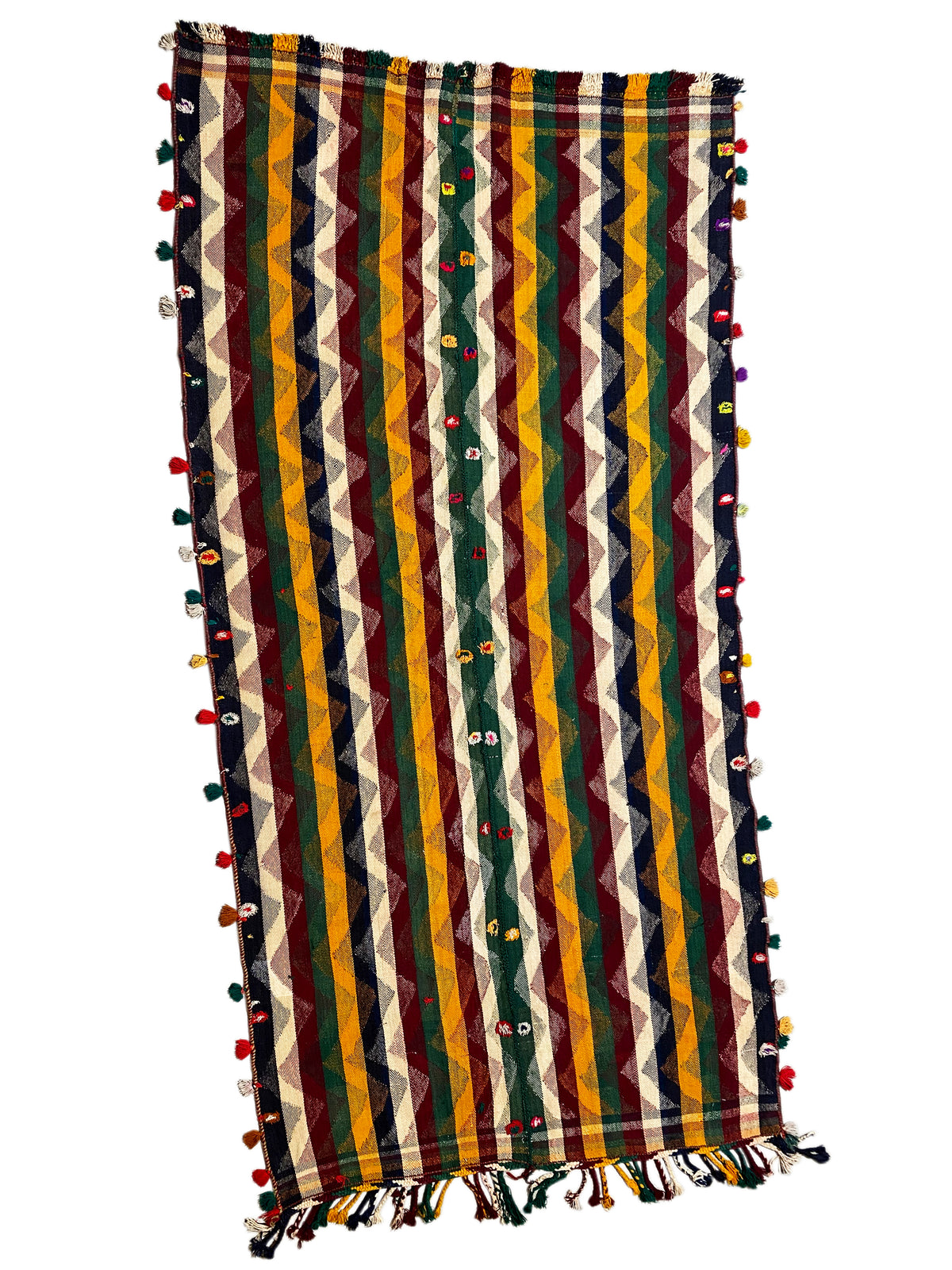 Tapis Jajim à rayures verticales jaunes, vertes et rouges, franges à pompons