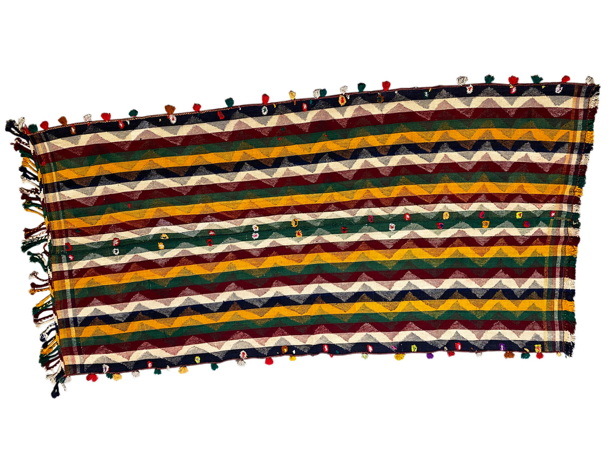 Tapis Jajim à rayures horizontales bleues, jaunes et rouges, avec franges tout autour