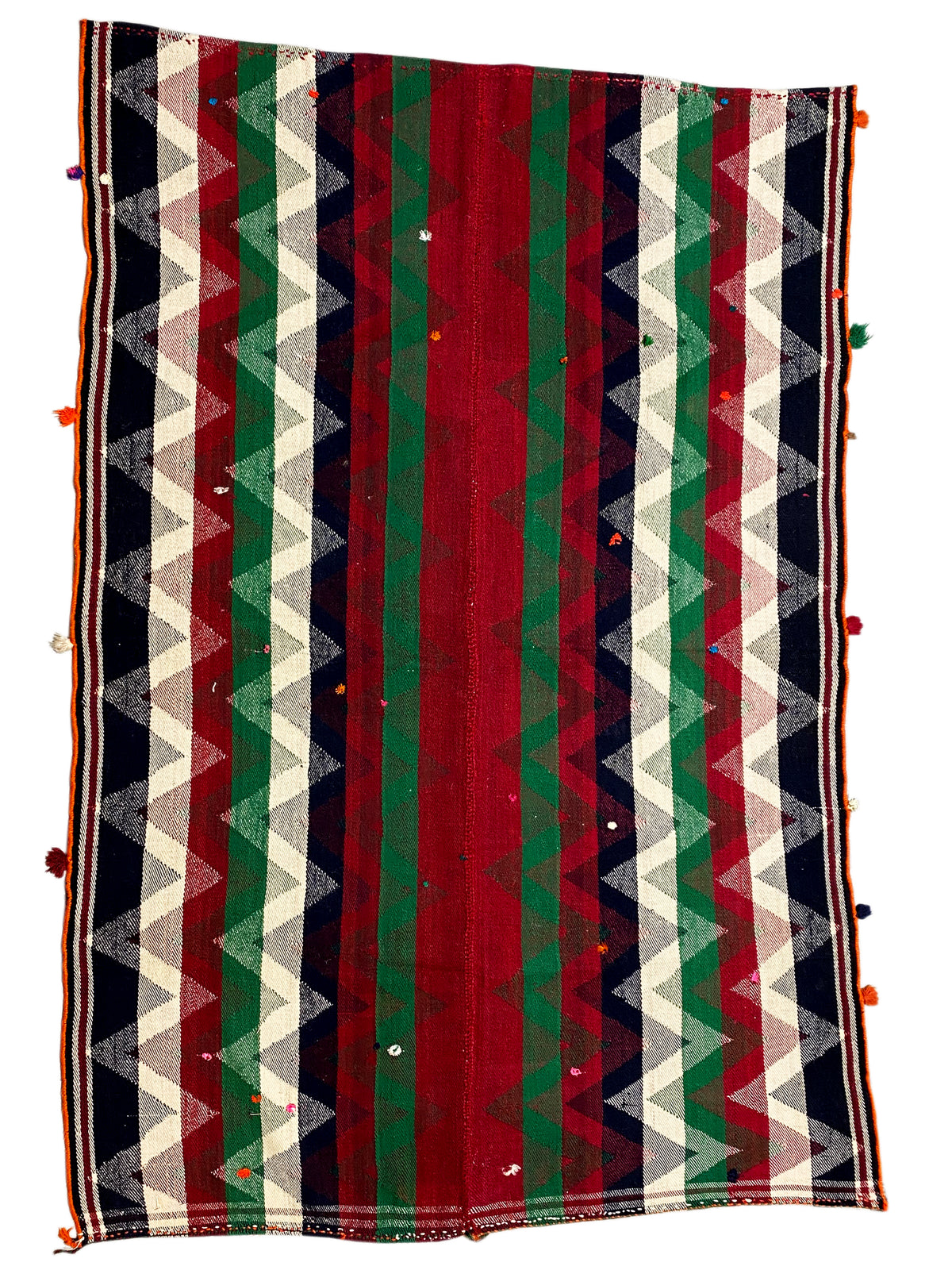 Tapis Jajim rectangulaire à rayures colorées et pompons décoratifs aux coins