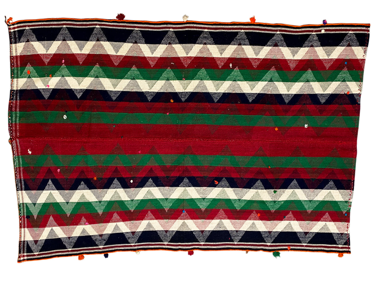 Tapis Jajim à motif zigzag horizontal rouge, vert, crème et bleu foncé