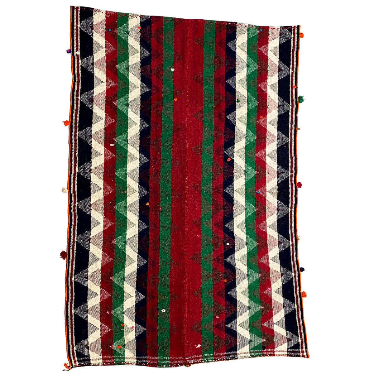 Tapis Jajim en vue complète : rayures verticales crème, rouges, vertes et bleu foncé