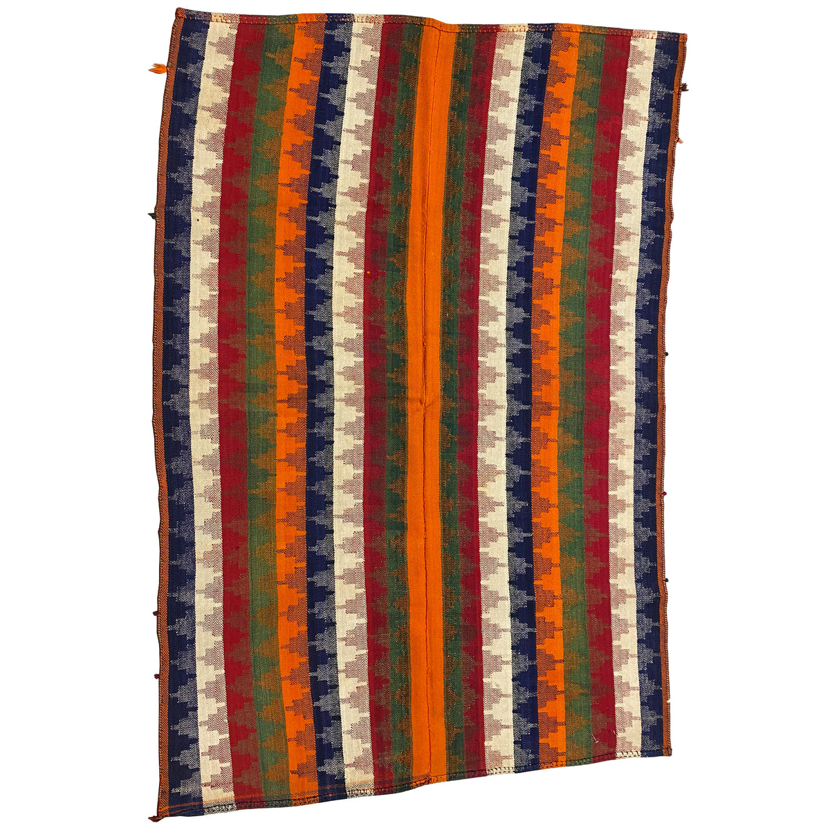 Tapis rectangulaire à rayures verticales orange, vertes, bleues, rouges et beiges