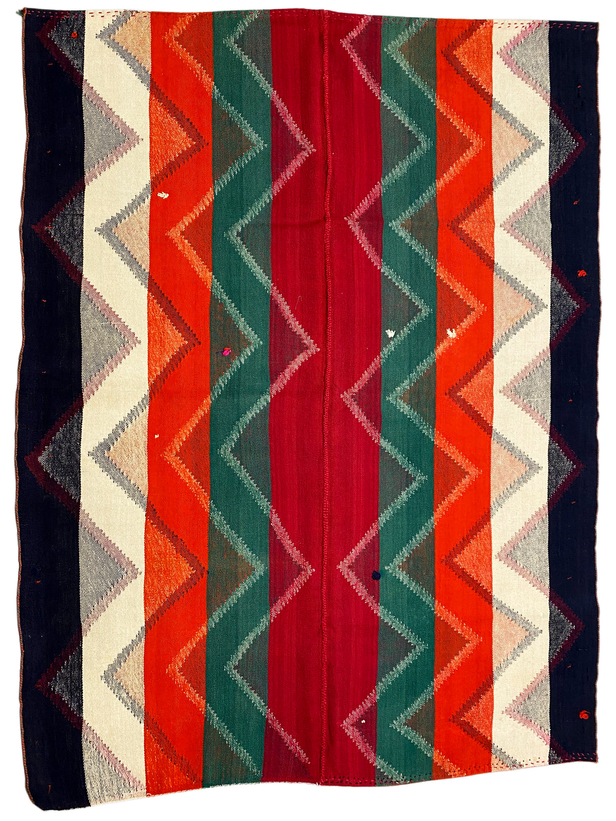 Tapis à motif de rayures en zigzag régulier, en rouge, vert, orange, beige et bleu foncé