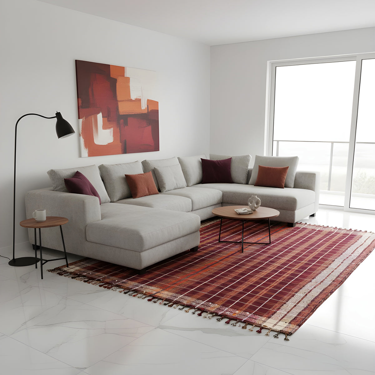Moquette brun-rouge dans la pièce à vivre, avec bordure ourlée et bordures beiges