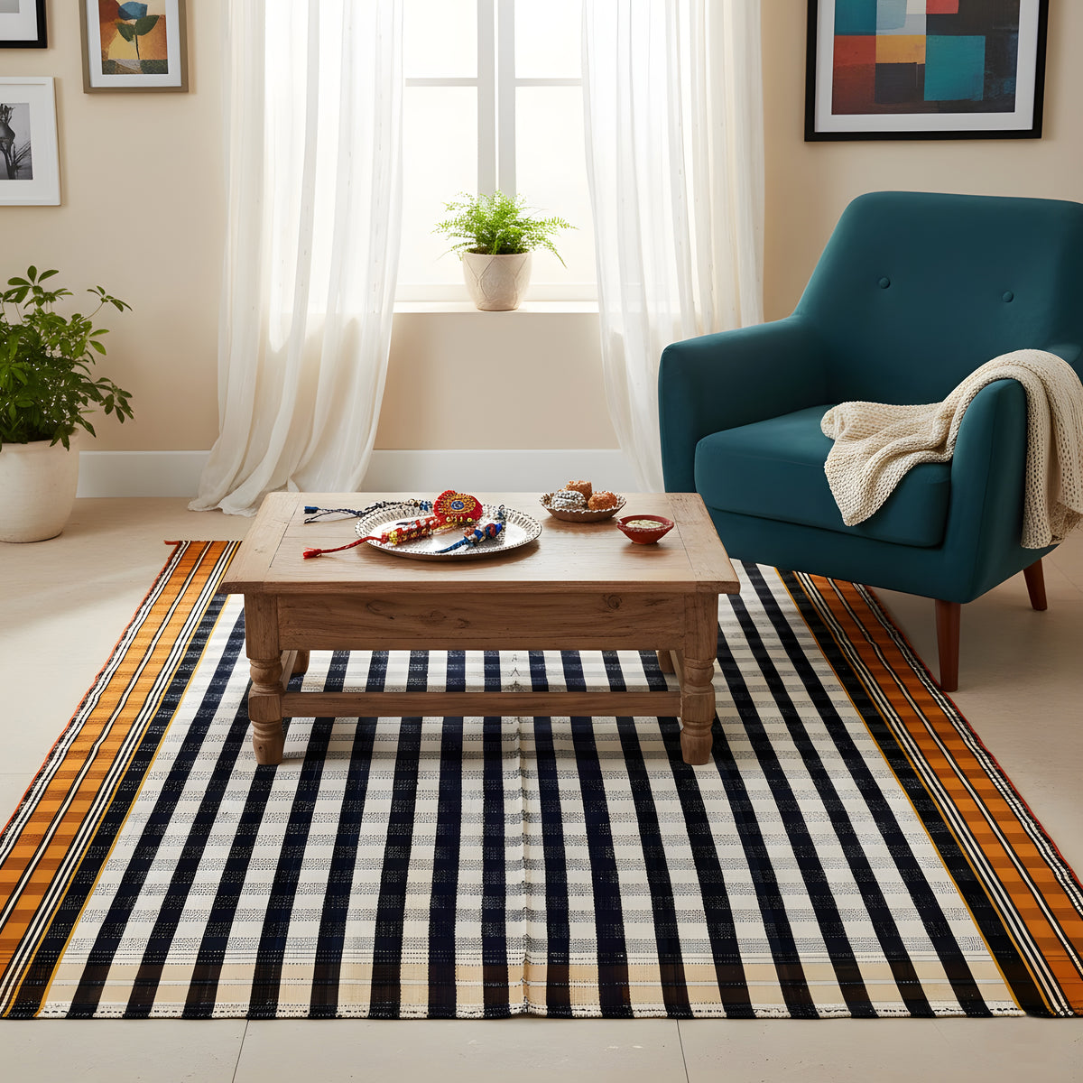 Tapis jajim dans le salon avec un motif à rayures noires et blanches et une bordure jaune-orange§