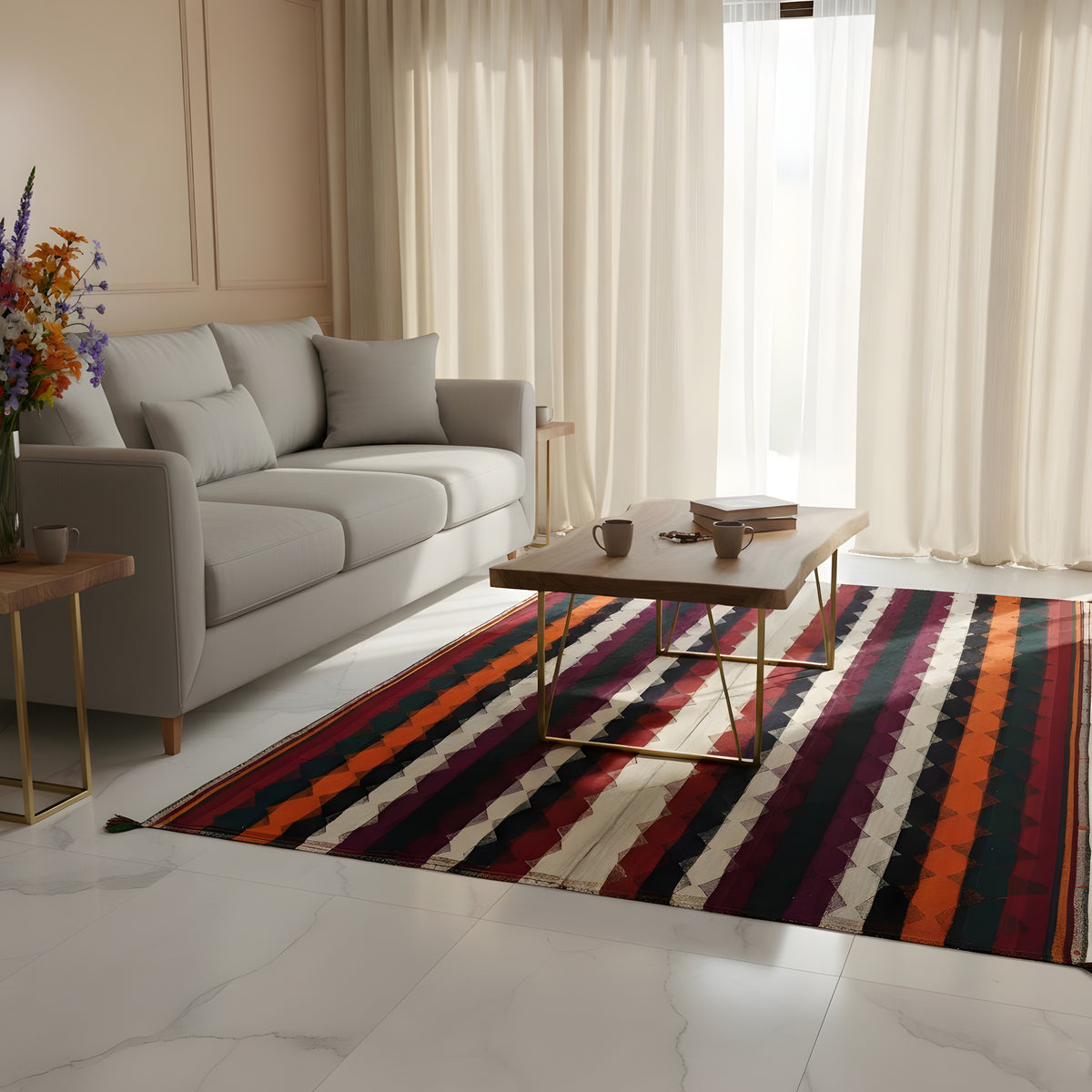 Tapis Jajim coloré à motif rayé violet, orange, bleu foncé et crème dans le salon