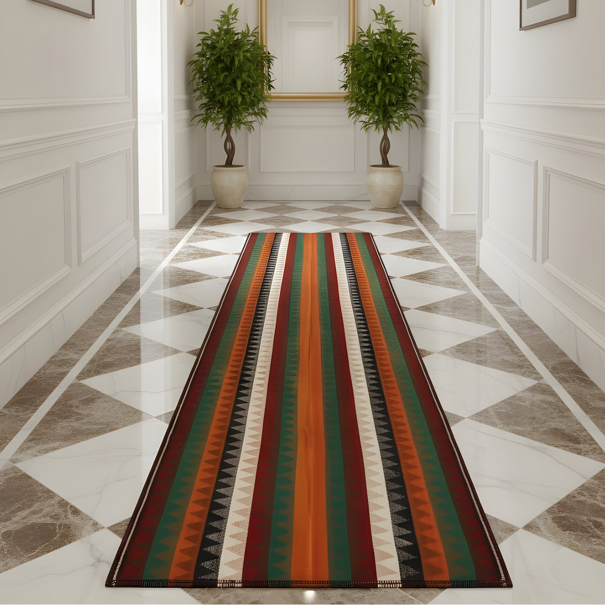 Tapis couloir Jajim à rayures multicolores et motif en zigzag, rectangulaire