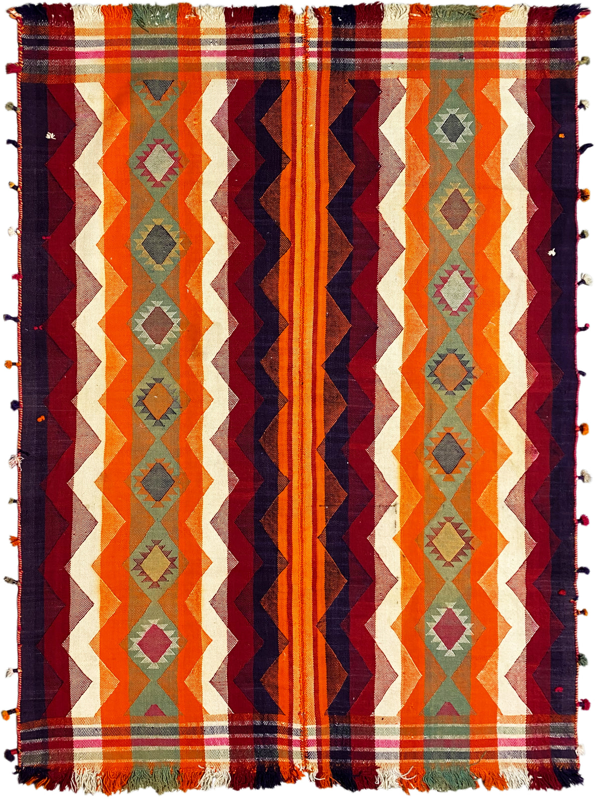 Tapis jajim à franges et motif en zigzag de losanges, rayures colorées orange et bleu foncé
