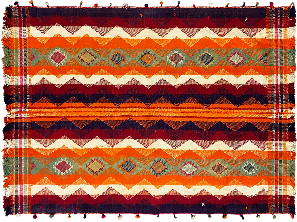 Tapis jajim à rayures multicolores, motif en zigzag et franges