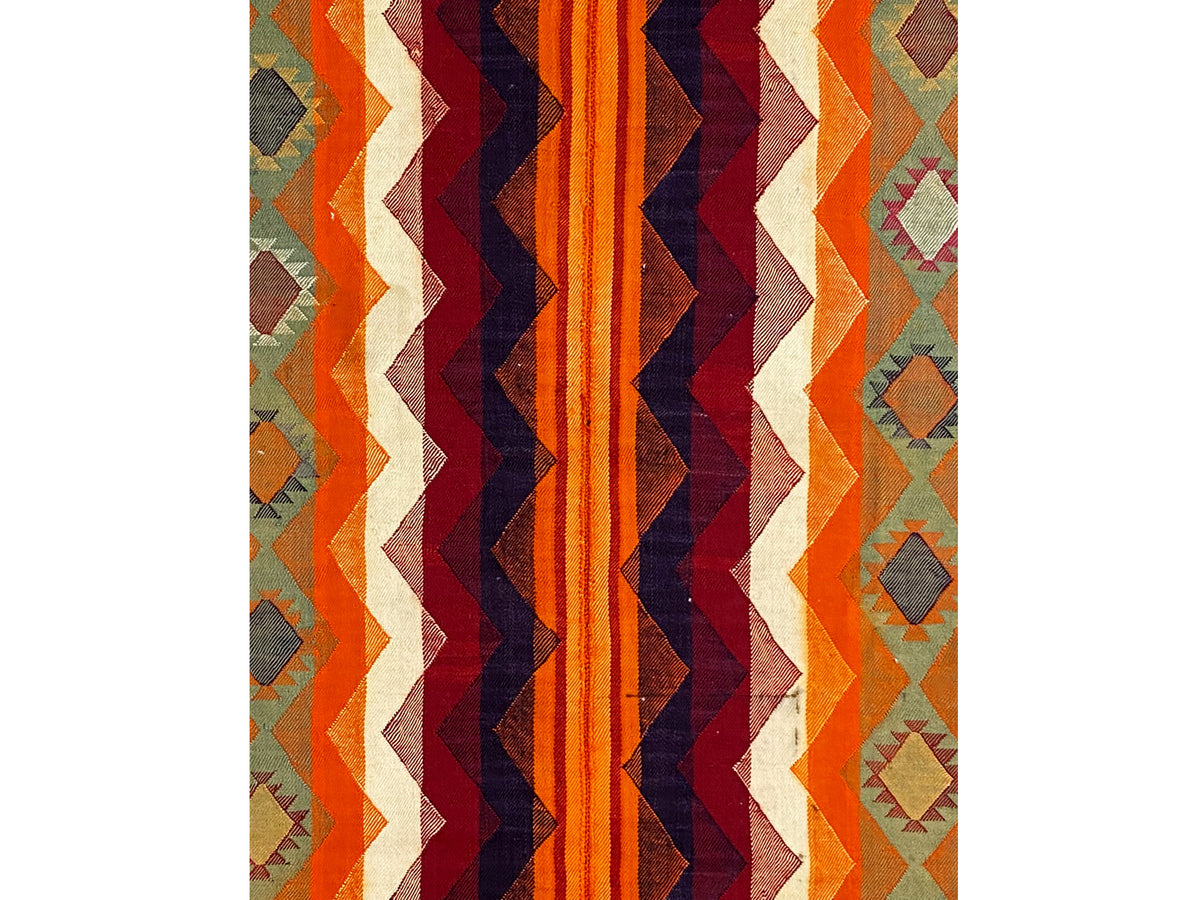 Tapis jajim à motif zigzag orange, bleu foncé et crème, rectangulaire