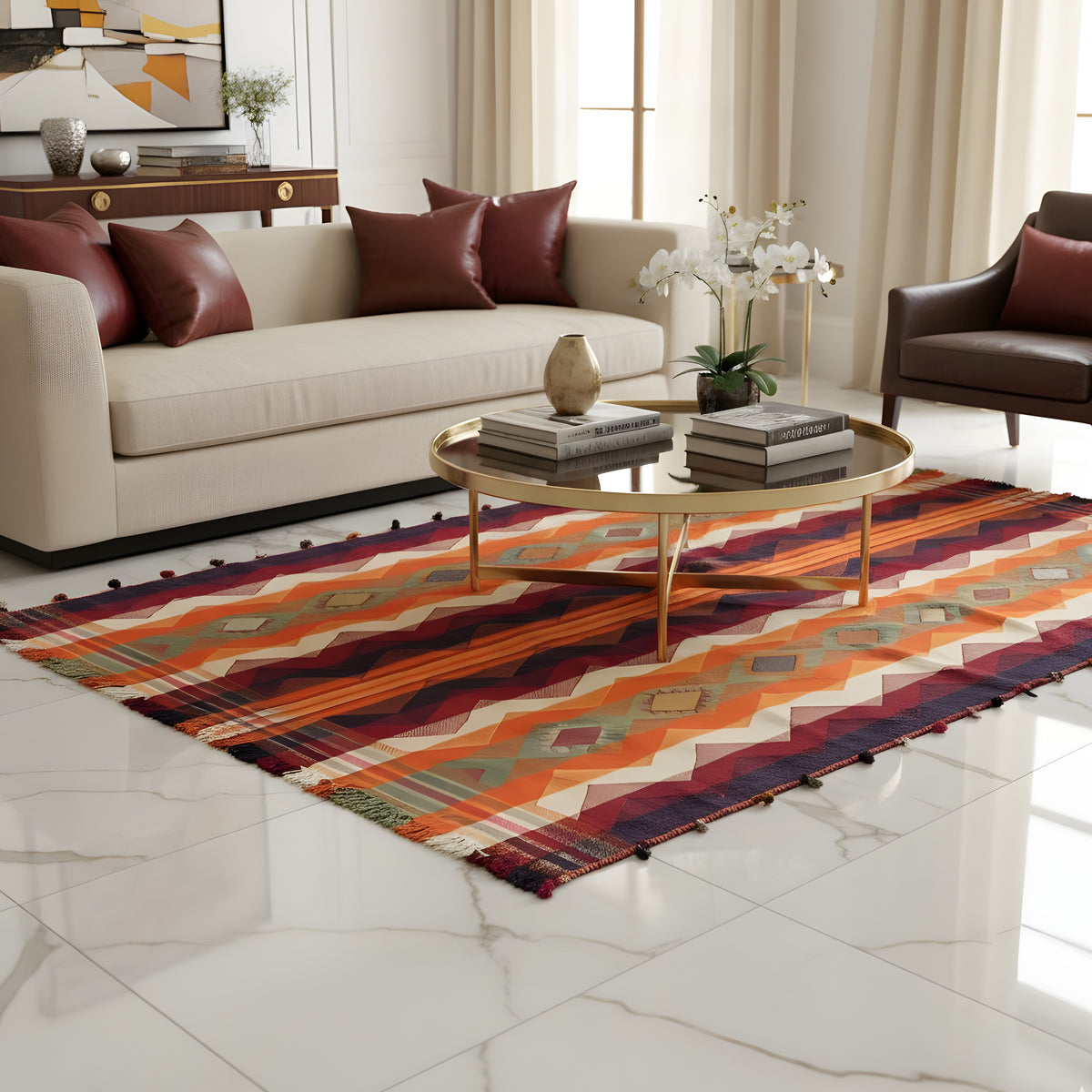 Tapis jajim multicolore à motifs en zigzag et en losanges posé au sol