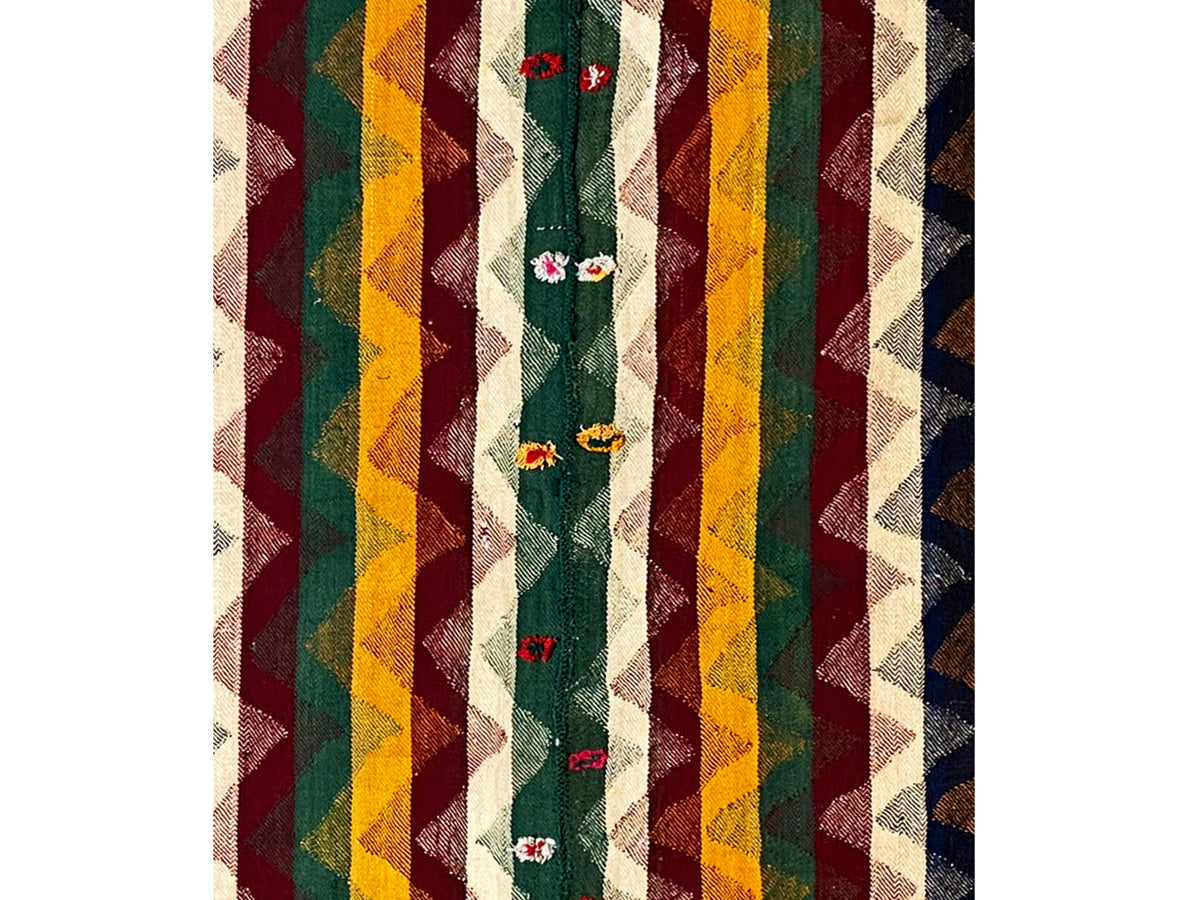 Gros plan d’un tapis Jajim aux couleurs rayées et aux motifs floraux brodés