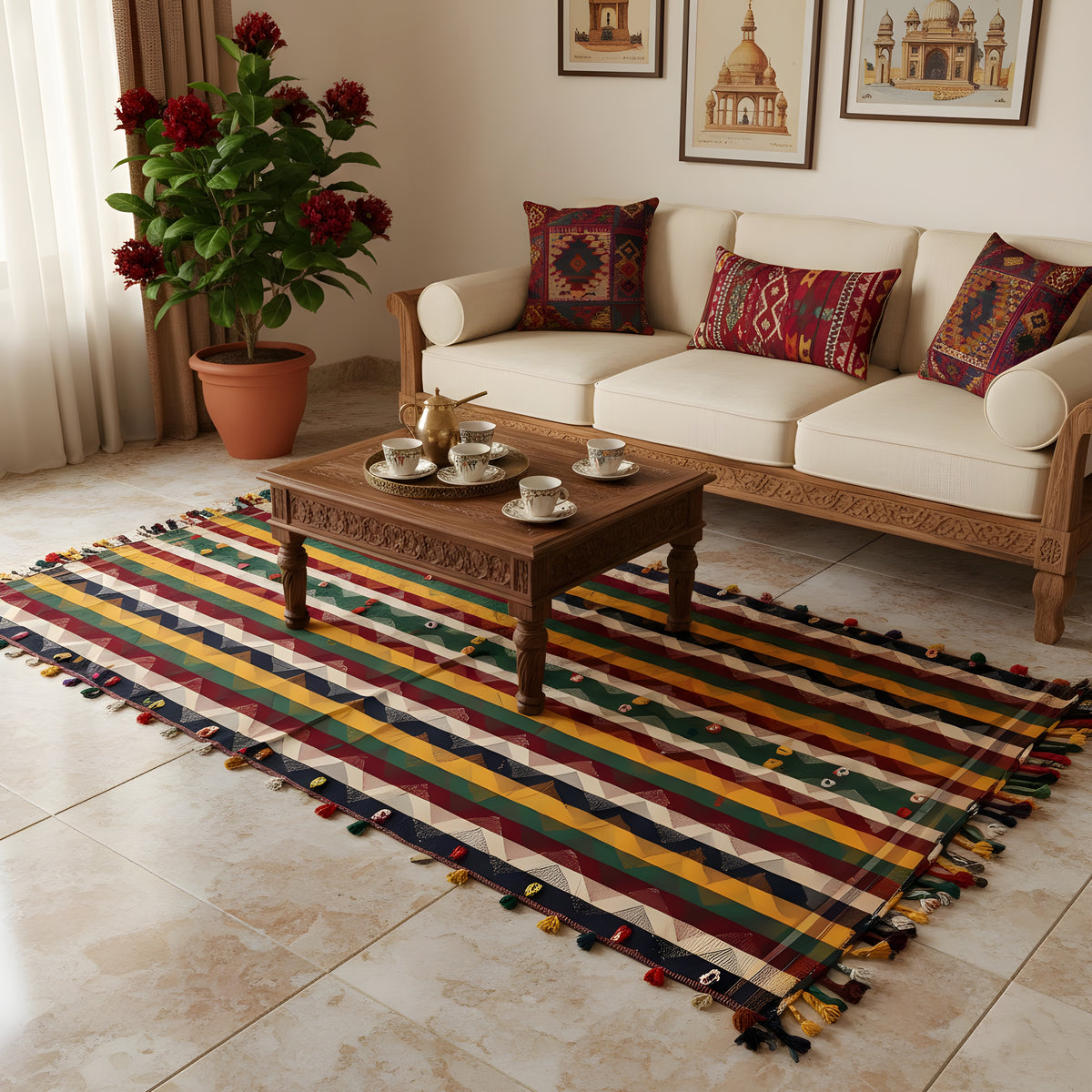 Tapis Jajim coloré avec des rayures multicolores et des franges à glands tout autour