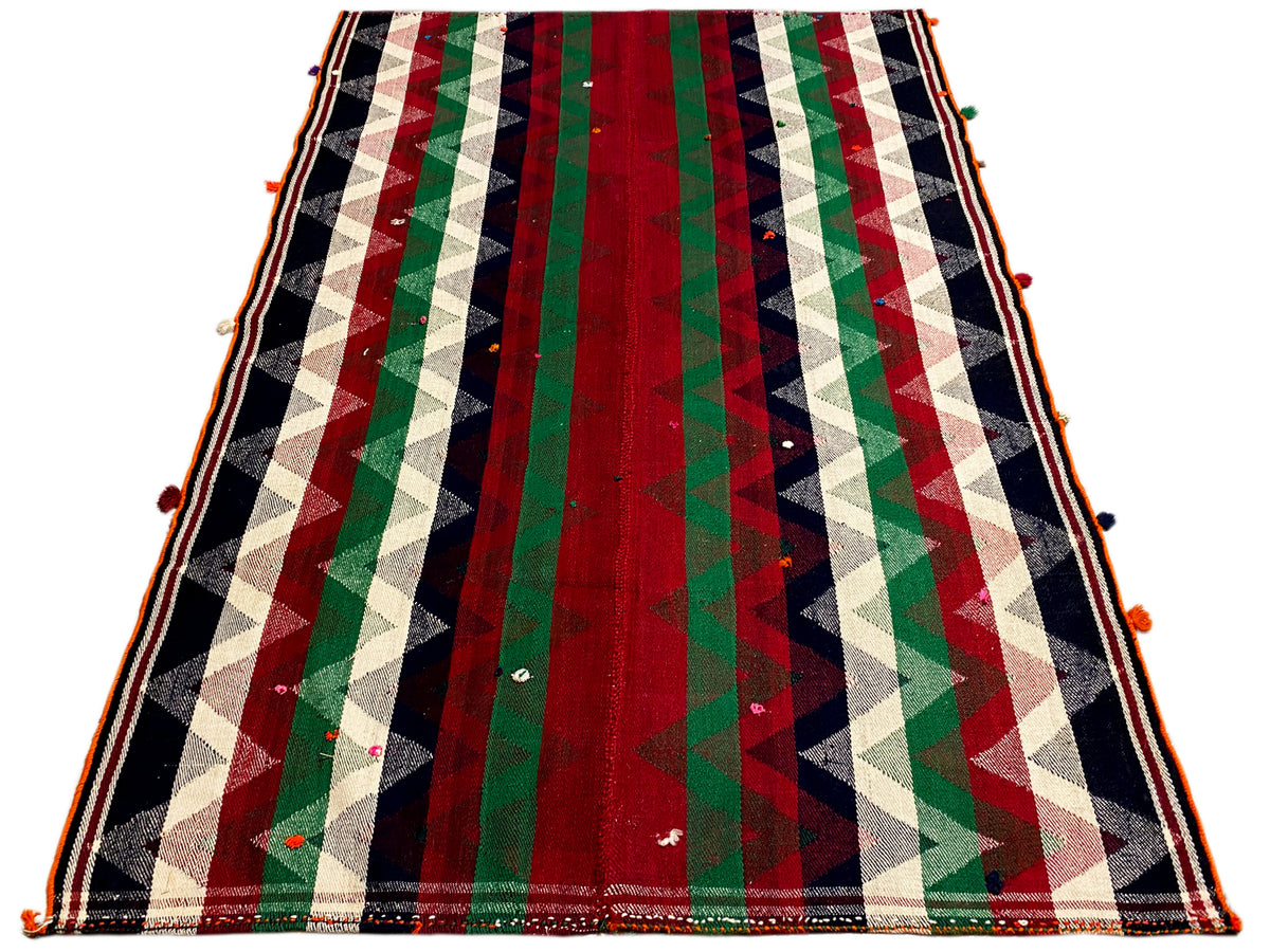 Tapis jajim à motif rayé en rouge, vert, crème et bleu foncé