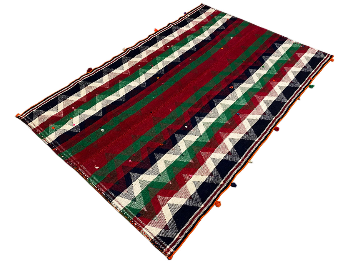 Tapis jajim rectangulaire, disposé en diagonale, rayures rouges, vertes, crème et bleues