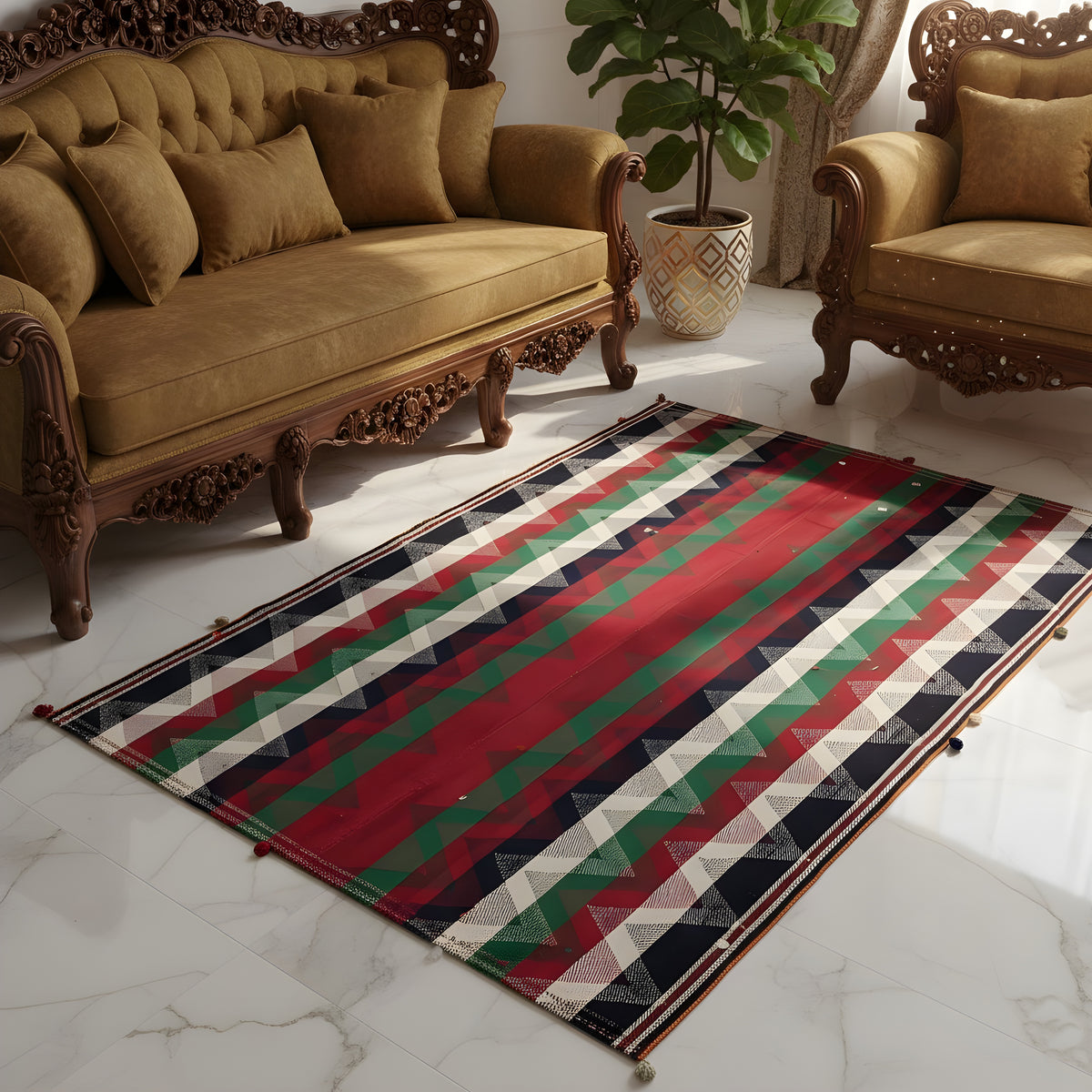 Tapis jajim rectangulaire sur du carrelage devant un canapé, motif rayé coloré en rouge et vert