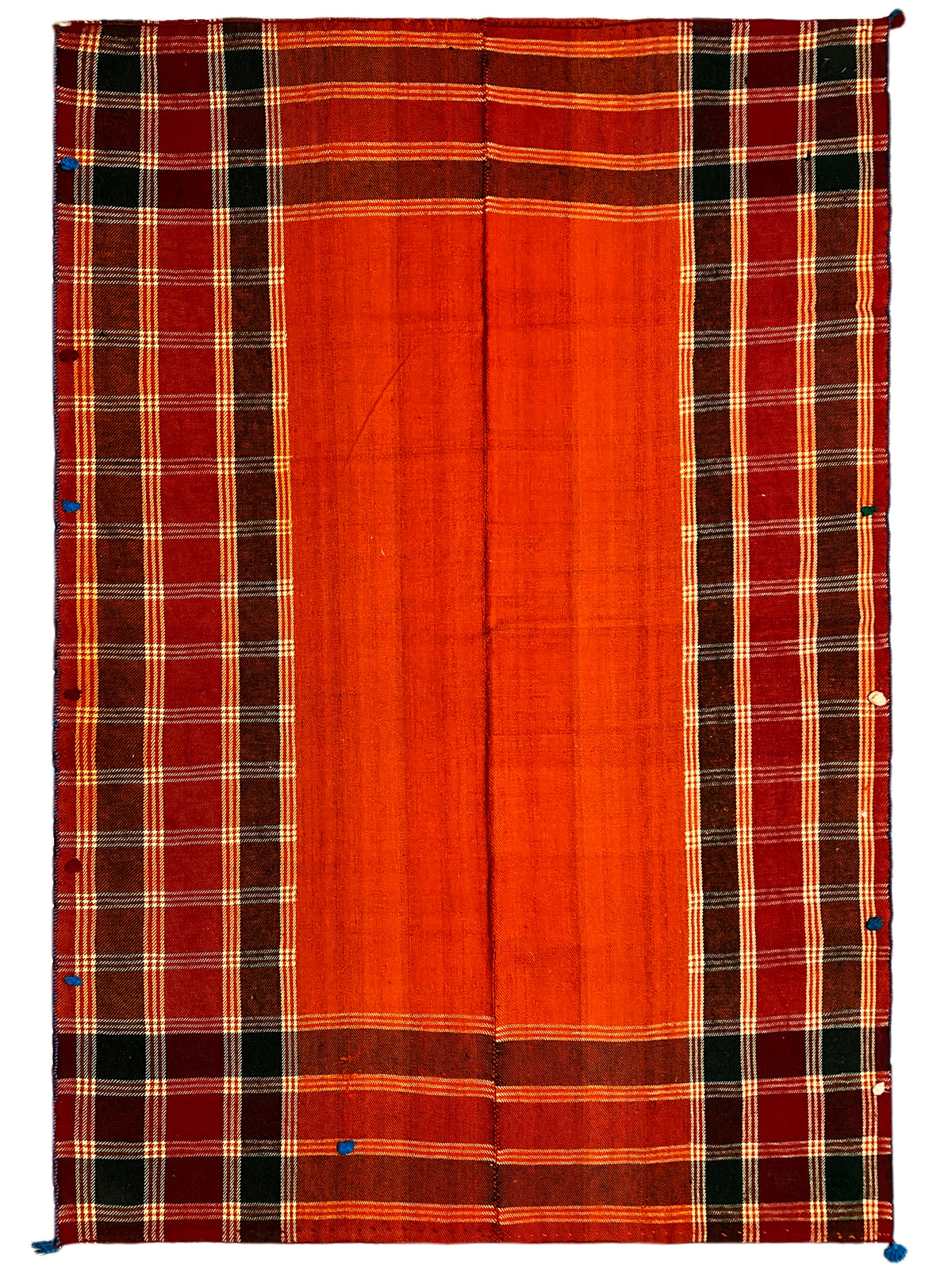 Tapis jajim rectangulaire : motif à carreaux rouge-orange sur fond sombre avec des lignes blanches/jaunes