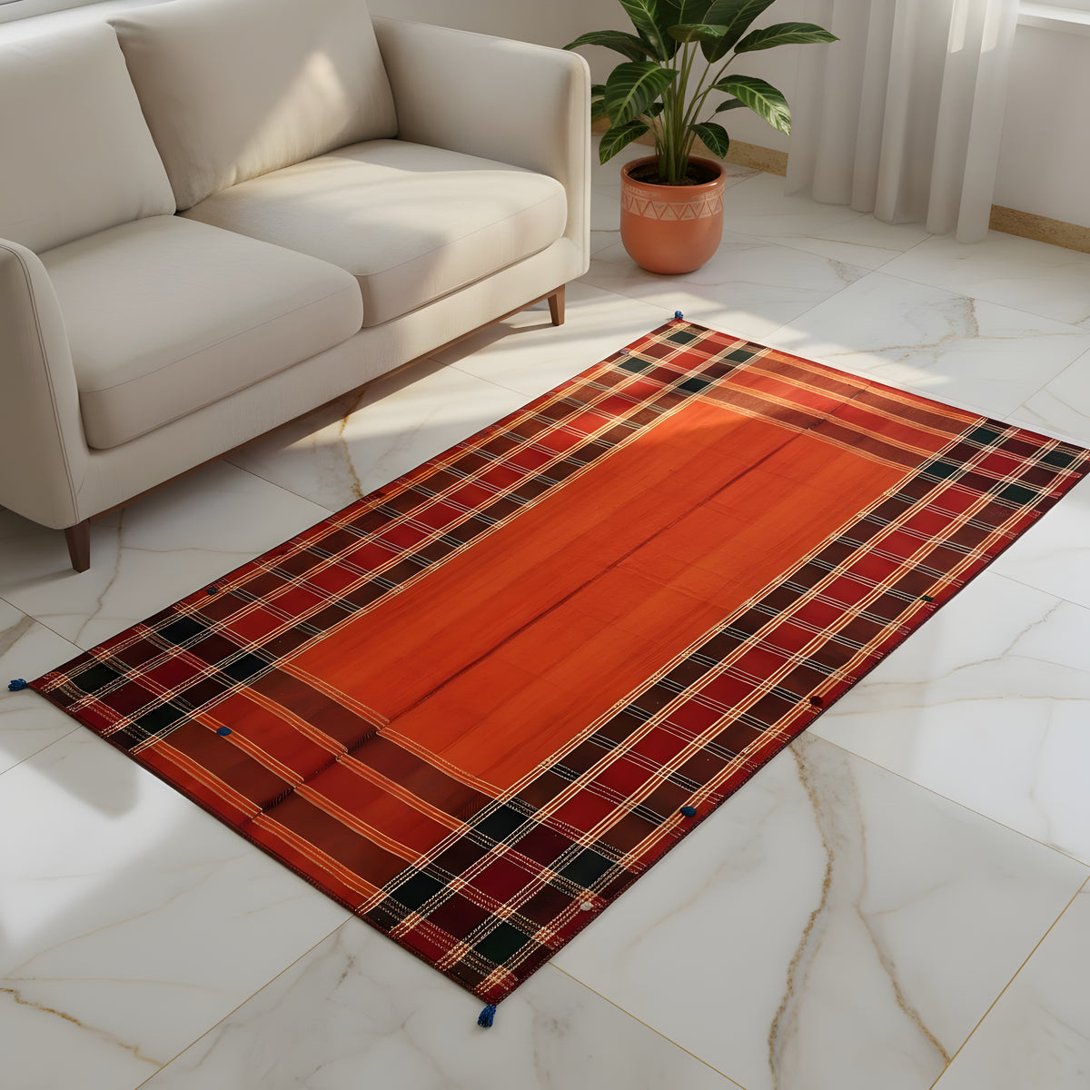 Tapis jajim dans le salon : rouge-orange avec des carreaux noirs et des lignes blanches/jaunes, des pompons bleus