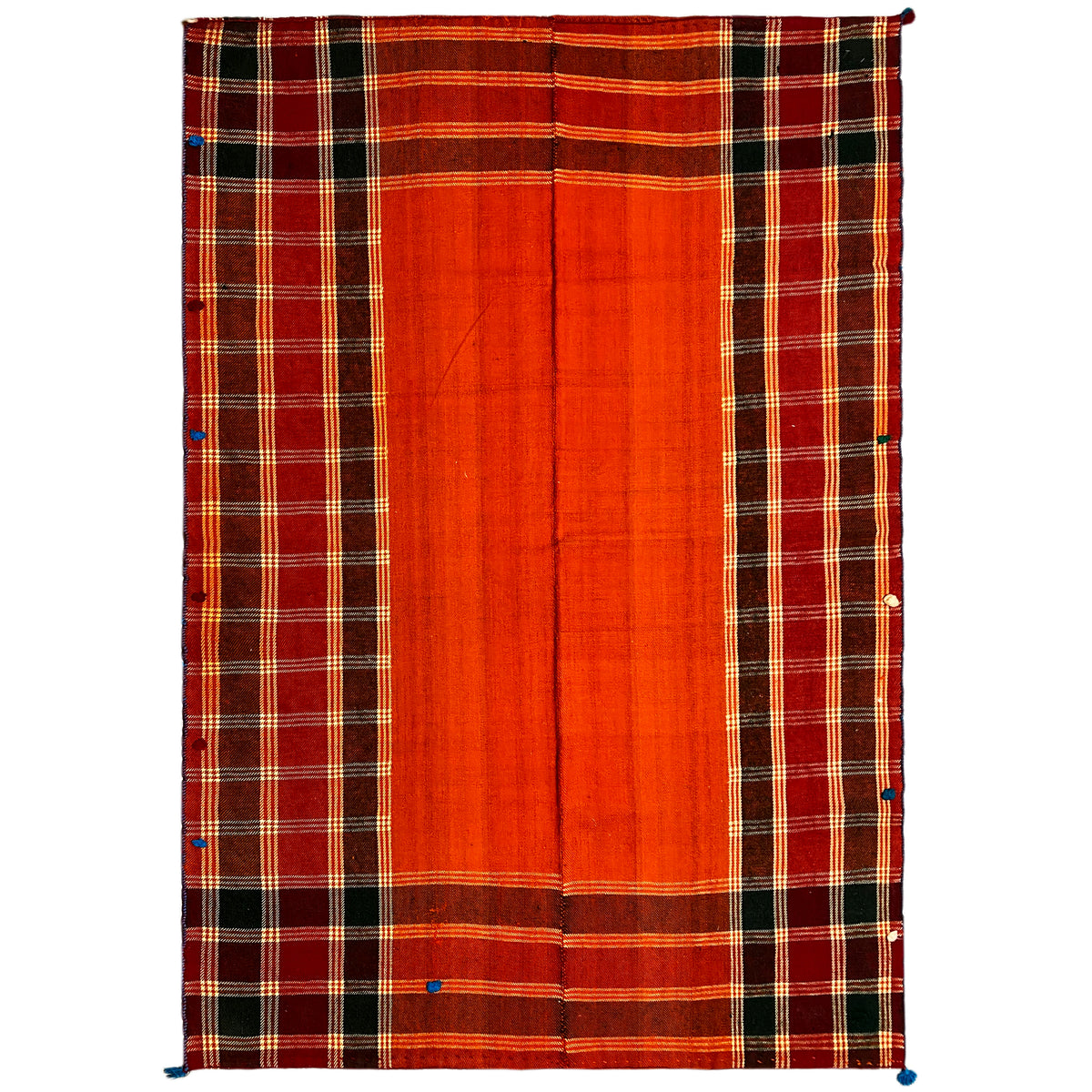 Tapis jajim rouge-orange avec motif à carreaux noirs et lignes jaune-blanc, coins ornés de glands bleus