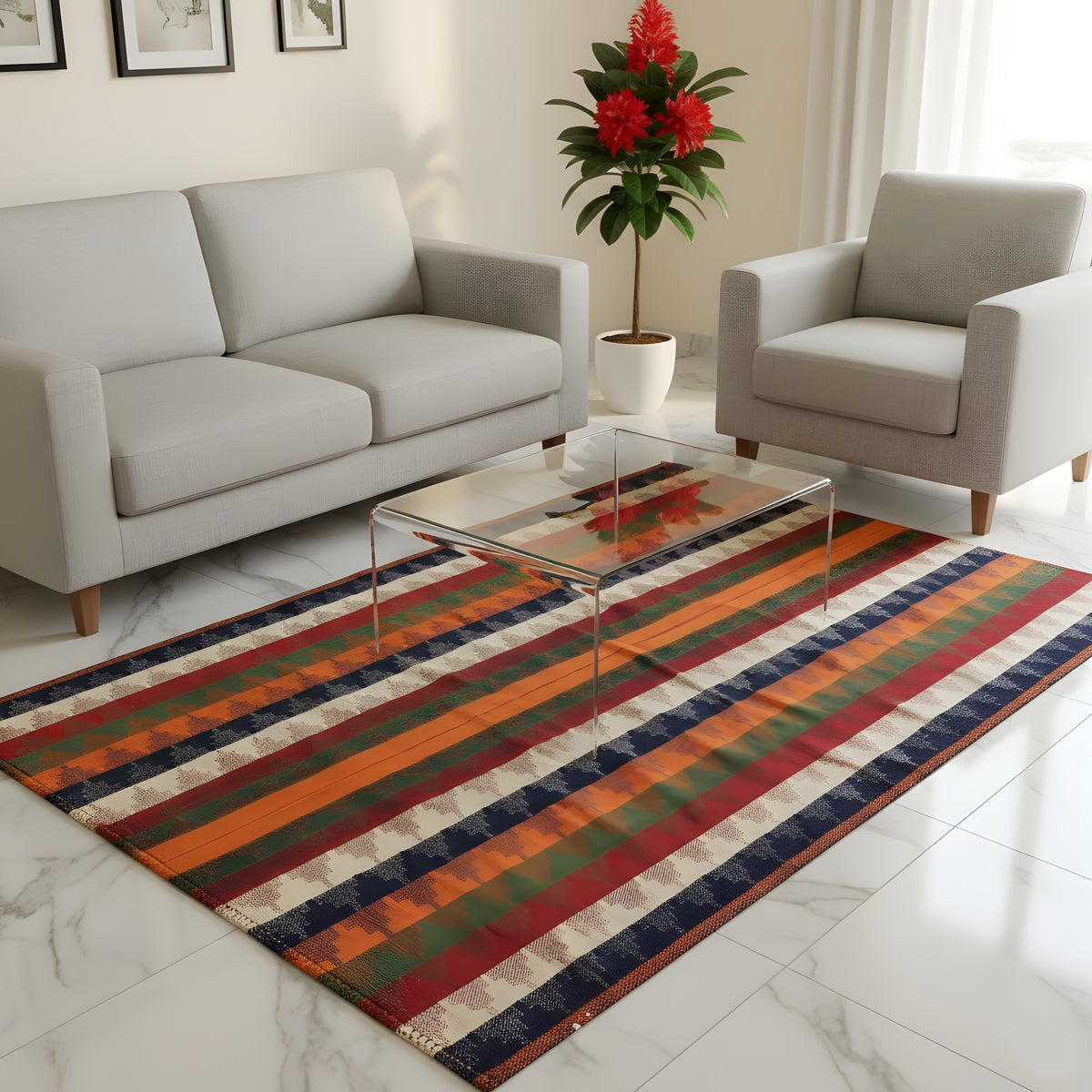 Tapis aux rayures multicolores devant le canapé et les fauteuils du séjour, disposé en rectangle