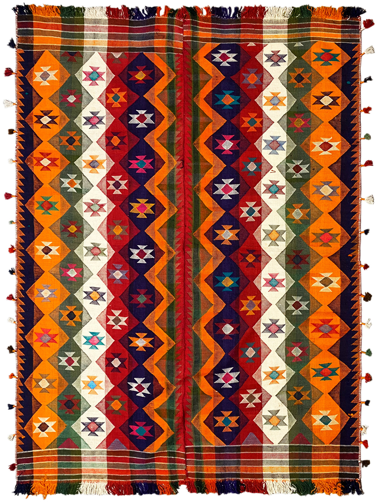 Tapis Jajim à patchwork géométrique, couleurs orange, bleu et vert, franges